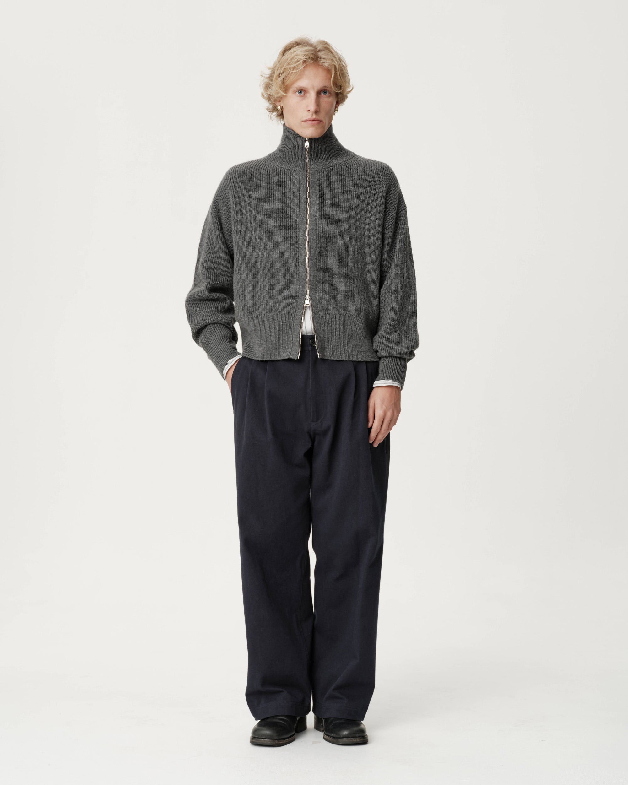 Funnel-Neck Merino Cardigan - Coal