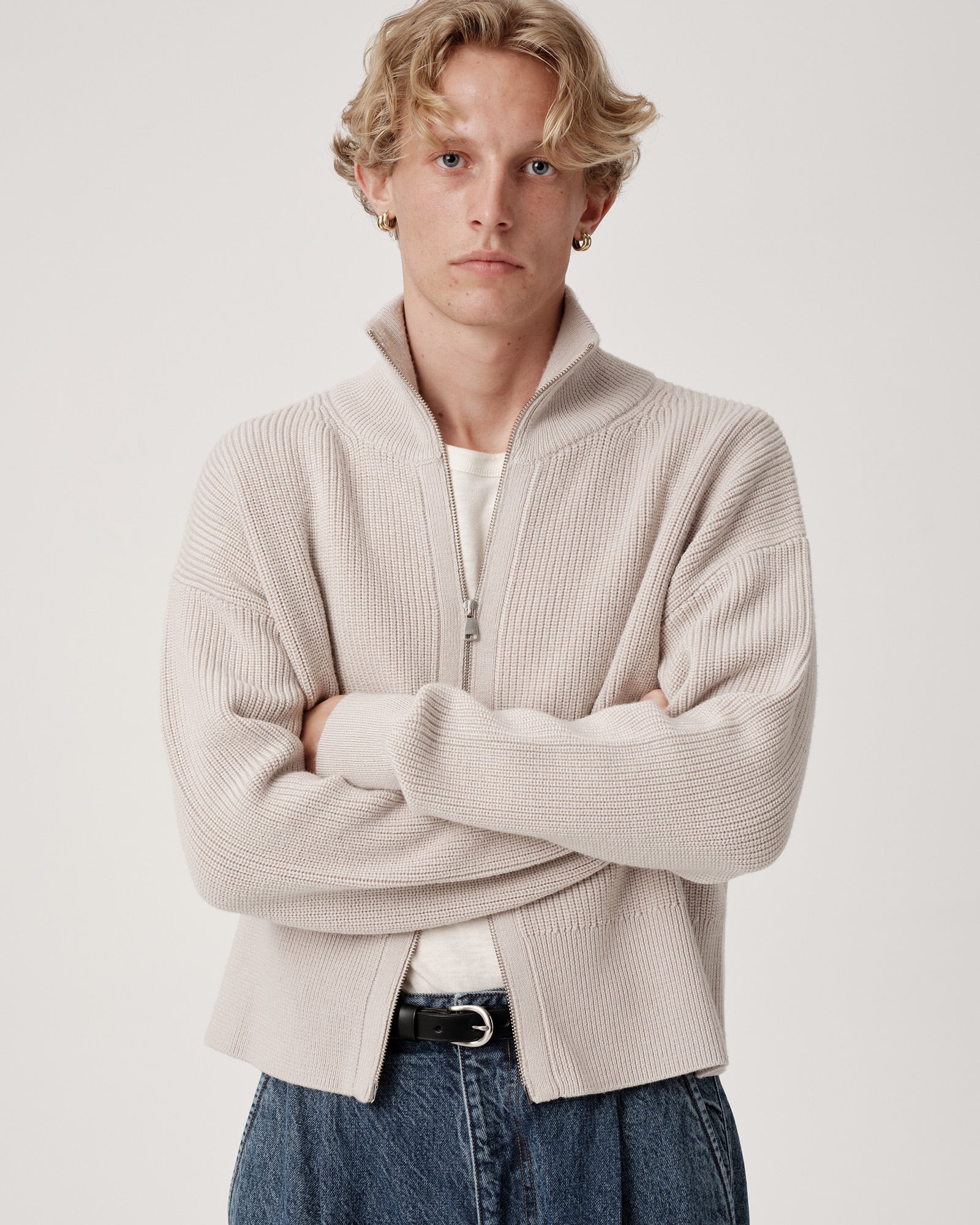 Funnel-Neck Merino Cardigan - Pumice